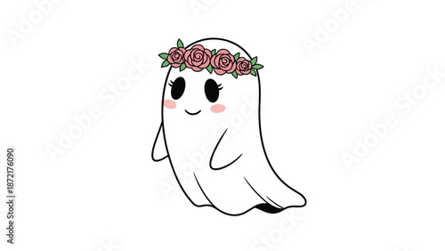 Friendly cartoon ghost character wearing a crown of pink roses and green leaves on its head against a clean white background.