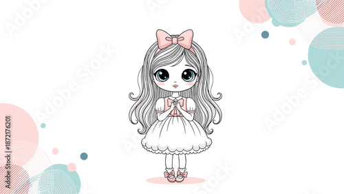 Adorable anime-style girl with long hair wearing a white dress and pink bow against a background with abstract circles.
