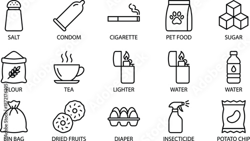 Supermarket Grocery and Household Goods Icon Set, Featuring Food Items, Personal Care, Kitchen Supplies, Packaging, Essential Consumer Products, and Daily Retail Goods