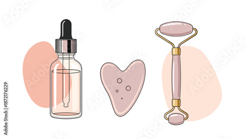 Collection of facial skincare tools including a serum bottle with a dropper, a gua sha stone, and a jade roller.