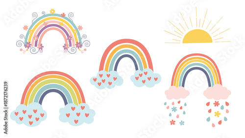 Collection of four uniquely designed colorful rainbows with clouds, hearts, flowers, and sun symbols on a white background.