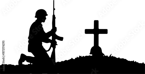 Fallen Soldier Memorial Silhouette with Rifle and Helmet