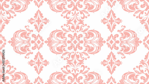 Vintage damask textile pattern with elaborate botanical forms and curling accents creating a luxurious decorative surface