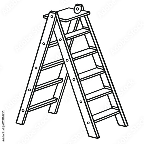 Outlined step ladder illustration displays riveted sides and a roller, perfect for home improvement