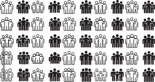 black and white people icons in rows on white background