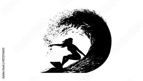 Surfer Riding Big Ocean Wave Silhouette Vector Illustration