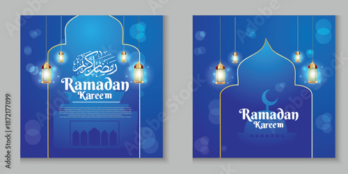 Ramadan Kareem greeting card template with glowing lanterns and golden mosque silhouette on luxury blue bokeh background for social media post.