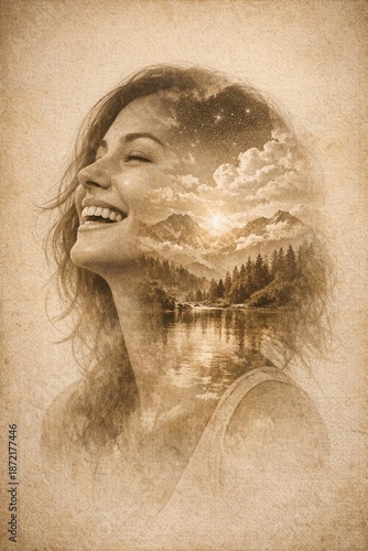 Laughing woman with sunlit mountains