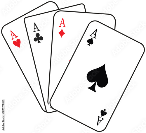 playing cards, four aces, ace cards, poker hand, casino cards, gambling, Playing Card Four Aces Hearts Spades Diamonds Clubs Illustration - Four Aces Playing Cards Fan Arrangement Vector Illustration