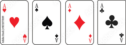 Playing Card Aces Set Vector Illustration Isolated on White Background - playing cards, ace cards, four aces, ace of hearts, ace of spades, ace of diamonds, ace of clubs, poker cards, casino cards, 