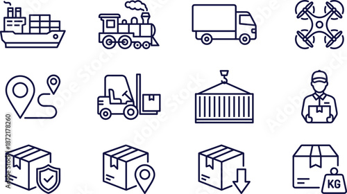 Logistics and shipping icon set featuring global transportation delivery vehicles, cargo freight containers, warehouse supply chain distribution symbols, and professional courier services.