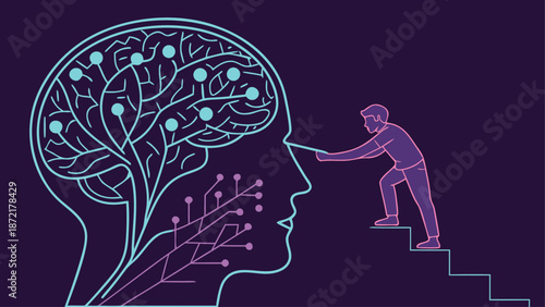 A vector graphic illustration of a man helping another person climb up to a brain with glowing connections