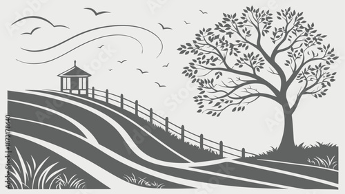 A minimalist vector illustration of a gazebo on a hill with a tree and fence