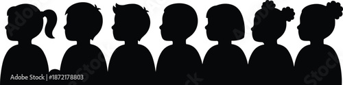 Children profile silhouettes set, diverse kids head side views isolated on white background, childhood identity education illustration stock