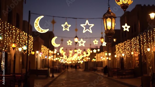 Golden Hour Glow of Intricate Ramadan Festive Lights and Lanterns Adorning a Traditional Street at Twilight