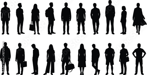 People silhouettes standing collection, men women in casual poses isolated on white background, modern lifestyle character illustration stock