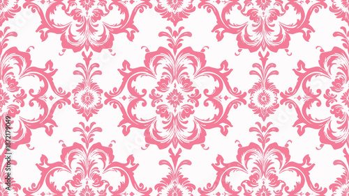 Royal Crimson Damask Seamless Pattern with Symmetrical Floral Scrolls