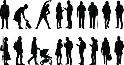 People silhouettes daily life activities set, walking talking exercising pets parenting isolated on white background, modern lifestyle illustration stock