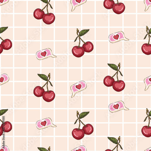Valentine's Day seamless pattern with red cherries and heart chat bubbles.