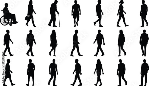 People silhouettes walking collection, men women elderly wheelchair user daily movement isolated on white background, inclusive lifestyle illustration stock