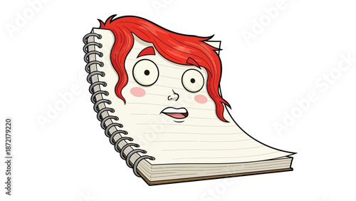 A cartoon red haired woman peeking out from a spiral notebook with a surprised expression on a white background with illustration and whimsical