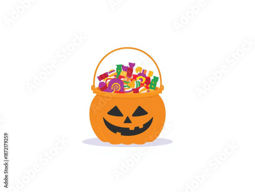 A vibrant illustration of a classic Halloween pumpkin bucket overflowing with a colorful assortment of delicious candies, ready for trick-or-treating celebrations