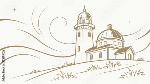 A minimalist line art illustration of a lighthouse and building on a hill