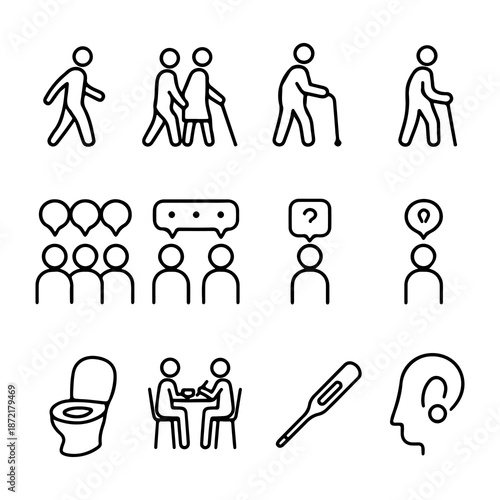 People Activity and Accessibility Line Icon Set with Communication, Healthcare and Public Symbols