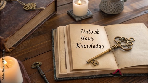 Open Book with Candle and Key on Rustic Wooden Table