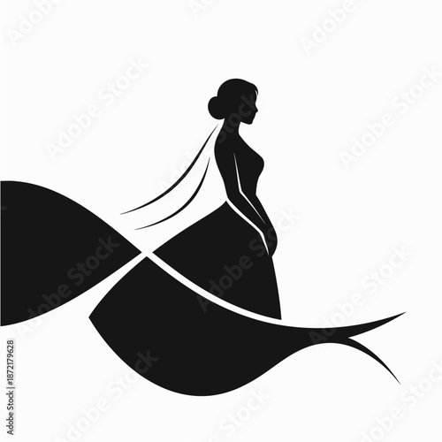 Elegant woman in flowing dress silhouette with wavy lines and hair flowing in the wind on white background with fashion and style and beauty