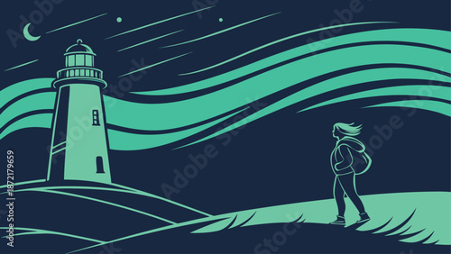 Atmospheric Night Landscape of Aurora Arboreal and Coastal Beacon