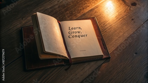 Open Book with Motivational Message on a Wooden Surface