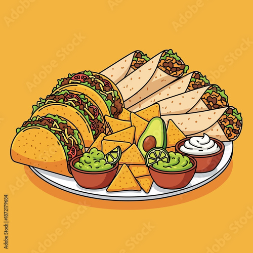 Mexican Fiesta Platter: Tacos, Burritos, Nachos, Guacamole, Sour Cream, Avocado