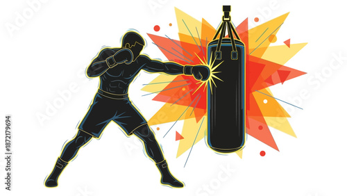 A black silhouette of a male boxer in a fighting stance punching a black punching bag with a burst of orange and yellow explosive energy with boxing