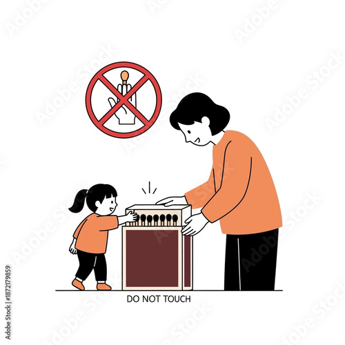 Parental supervision teaching child about match safety, no touching fire hazard