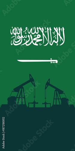 Oil rig pumpjack background. Saudi Arabia petroleum industry. Kingdom of saudi arabia flag. Crude oil