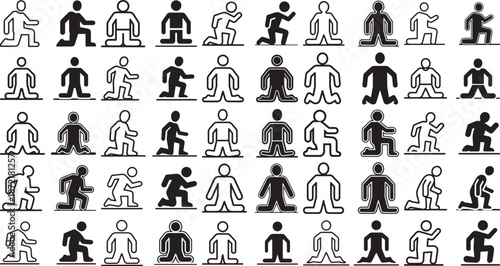 collection of stick figures in various running and kneeling positions on white background