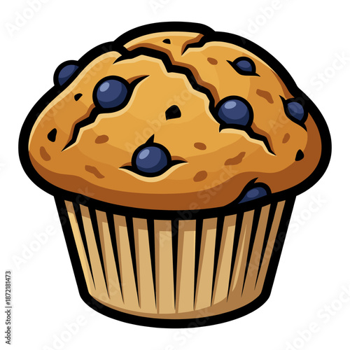 A fresh and delicious blueberry muffin. The muffin has a golden-brown exterior, sprinkled with juicy blueberries, and a fluffy interior
