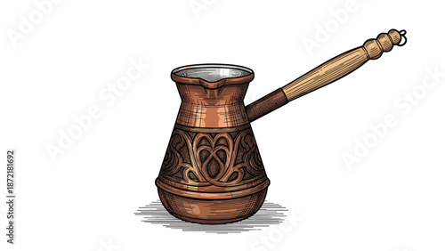 Detailed color engraving of a traditional copper coffee pot with an ornate pattern and a long wooden handle for cezve brewing.