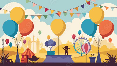 Vibrant carnival scene with balloons and ferris wheel Vector