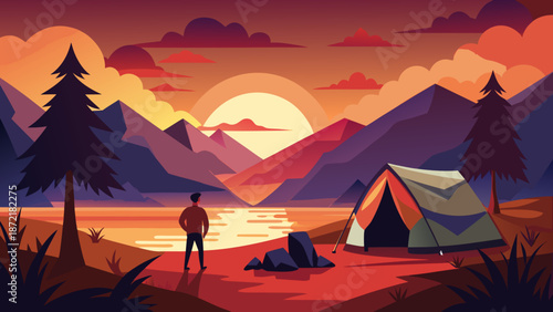 Serene sunset camping in mountain valley Vector