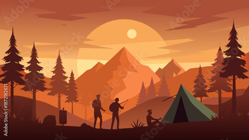 Campers enjoying sunset in mountainous landscape Vector