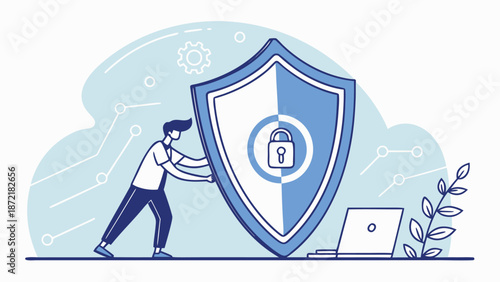 A man pushing a large shield with a lock in front of a laptop and cloud background