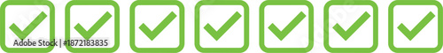 Row of green square check box icons with white tick marks representing multiple task completion and verification status.