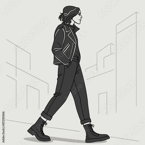 Flat vector illustration of a fashion outfit featuring all-black clothing styled for a sleek and modern look.
