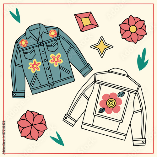 Flat vector illustration of DIY custom denim pieces featuring painted designs and decorative patches for a creative, personalized look.