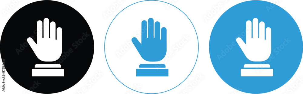 Φωτογραφία Set of raised hand icons in black and blue circles representing a stop signal, palm gesture, or waiting sign for safety and interface control