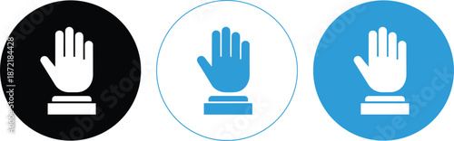 Set of raised hand icons in black and blue circles representing a stop signal, palm gesture, or waiting sign for safety and interface control.