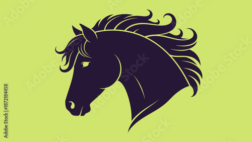 Elegant Black Horse Head Silhouette with Flowing Mane on Vibrant Green Background