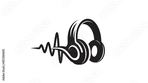 Stylized Black Headphones with Abstract Sound Wave Illustration on Isolated White Background